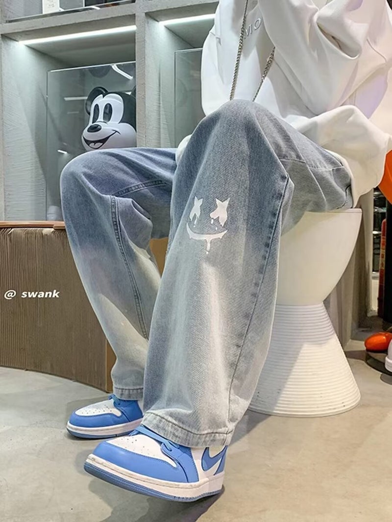 Men'S New Straight Tube Gradient Wash Jeans Loose Light Blue Black Jeans Printed Fashionable Street - Image 2